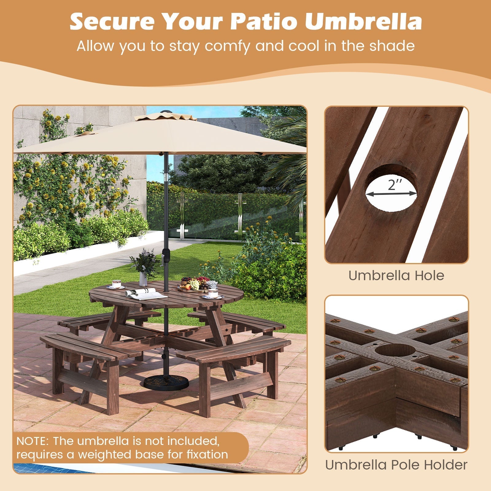 GemGear 8-Person Round Picnic Table Set with Benches in brown wood for patio umbrella hole on Tampa Home & Garden Store