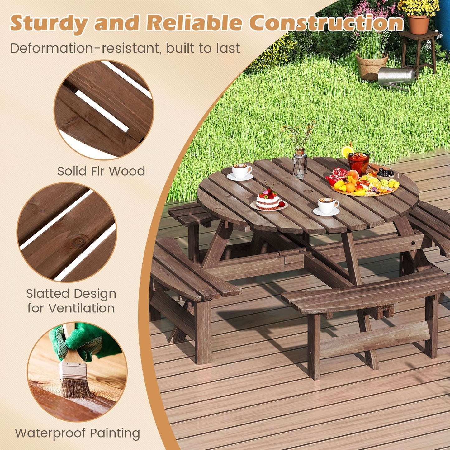 GemGear 8-Person Round Picnic Table Set with Benches in solid fir wood, slatted outdoor table on Tampa Home & Garden Store