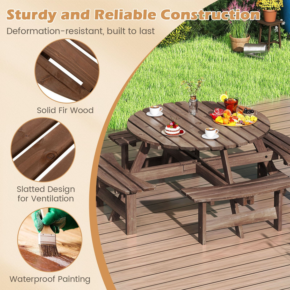 GemGear 8-Person Round Picnic Table Set with benches in solid Fir Wood, circular slatted design on Tampa Home & Garden Store