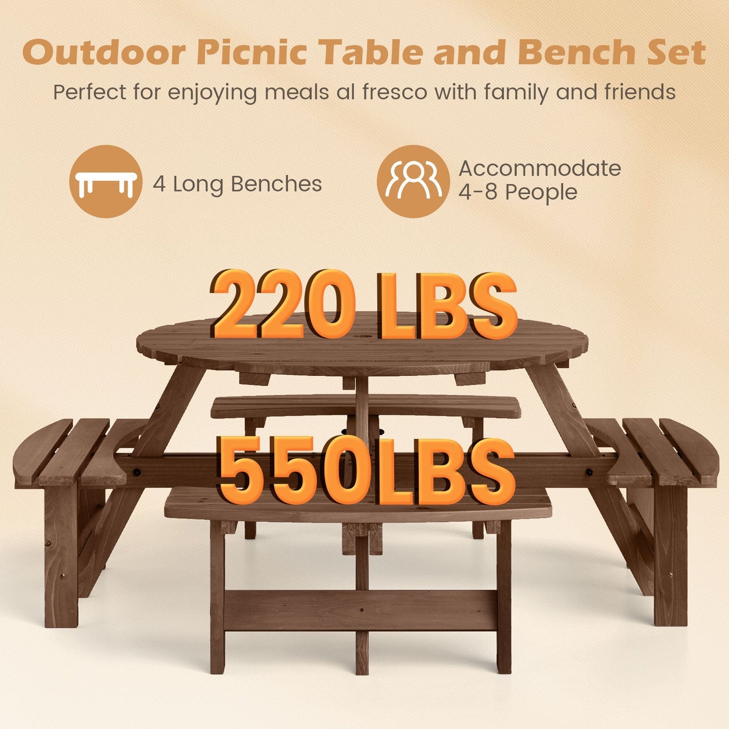 GemGear 8-Person round wooden picnic table set with benches for circular patio dining on Tampa Home & Garden Store
