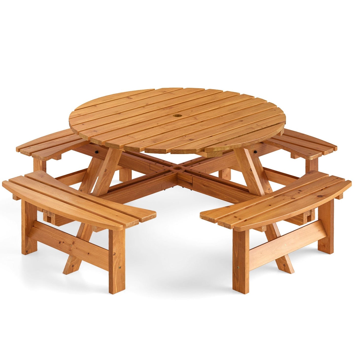 GemGear 8-person round wooden picnic table set with attached benches, natural finish on Tampa Home & Garden Store