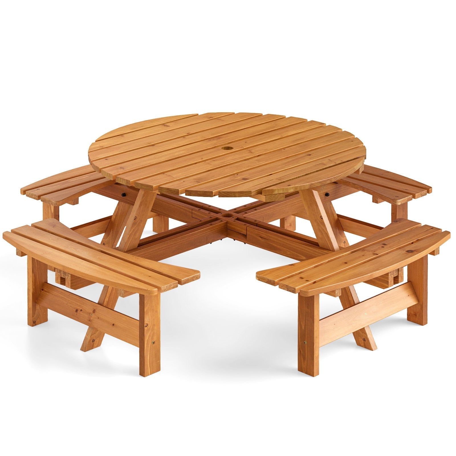 GemGear 8-person round wooden picnic table set with attached benches, natural finish on Tampa Home & Garden Store
