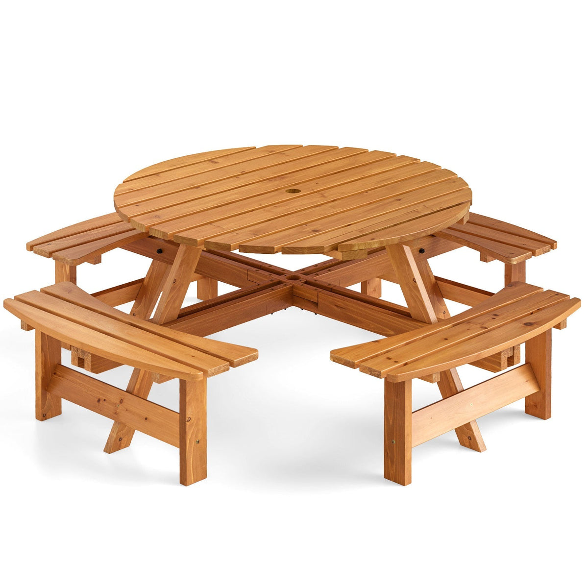 GemGear 8-Person round picnic table set with benches, natural wood outdoor dining furniture on Tampa Home & Garden Store
