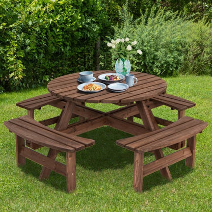8-Set Outdoor Solid Wood Round Picnic Table with 4 Benches Patio Garden Dining Set - Tampa Home & Garden Store