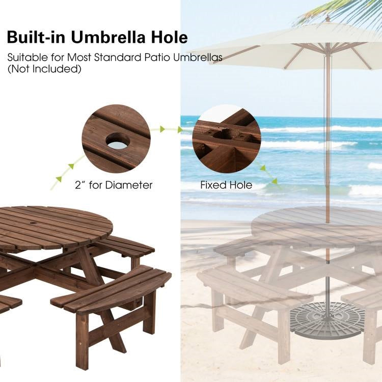 8-Set Outdoor Solid Wood Round Picnic Table with 4 Benches Patio Garden Dining Set - Tampa Home & Garden Store