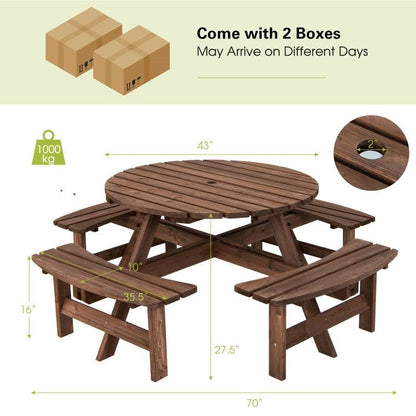 8-Set Outdoor Solid Wood Round Picnic Table with 4 Benches Patio Garden Dining Set - Tampa Home & Garden Store