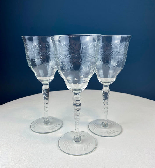 8 Vintage Wine or Water Goblets with Floral Cut Motif & Horizontal Band. Blown Glass Tall Stemware. - Tampa Home & Garden Store