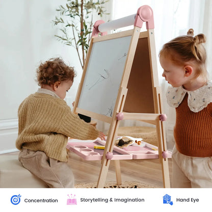Tiny Land Pink Magnitales kids easel with paper roll, wooden frame, two children drawing on Tampa Home & Garden Store