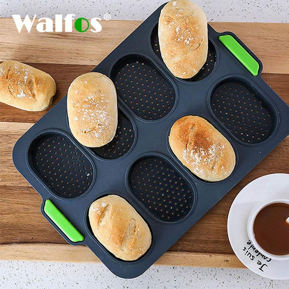 Stevvex 8-cavity silicone bread mold with perforated non-stick oval cavities blue pan on Tampa Home & Garden Store
