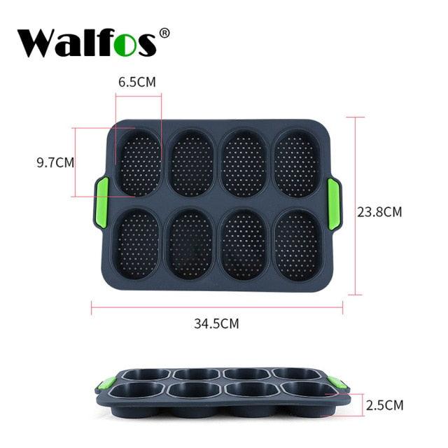 Walfos 8-cavity blue silicone bread mold with perforated nonstick cups and green side handles on Tampa Home & Garden Store