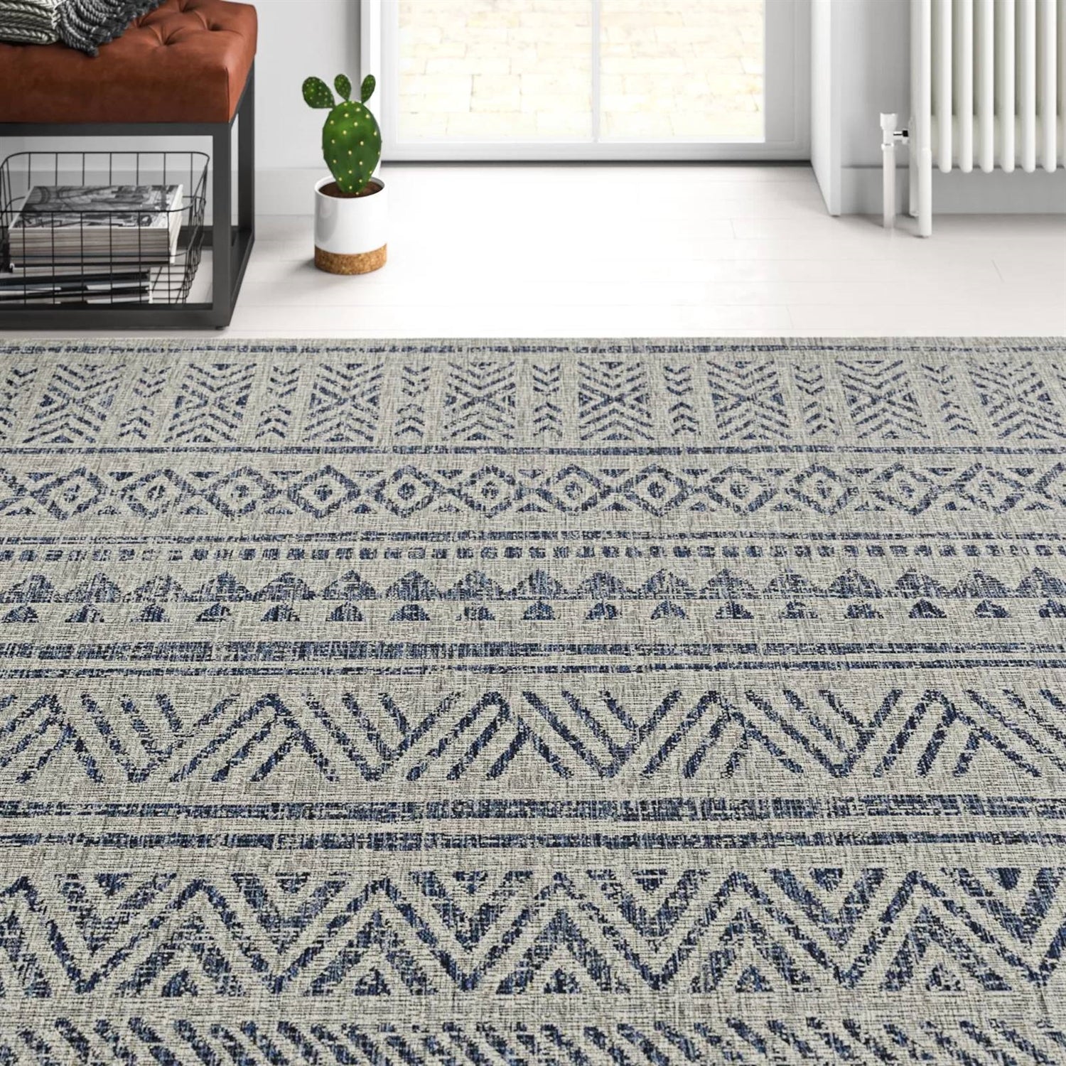 8 ft. x 10 ft. Blue Grey Chevron Coastal Boho Style Indoor Outdoor Area Rug - Tampa Home & Garden Store