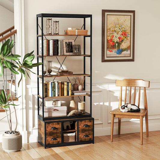 8-tier Bookshelf with 4 Fabric Drawers  and Heavy-duty Metal Frame-Coffee - Tampa Home & Garden Store
