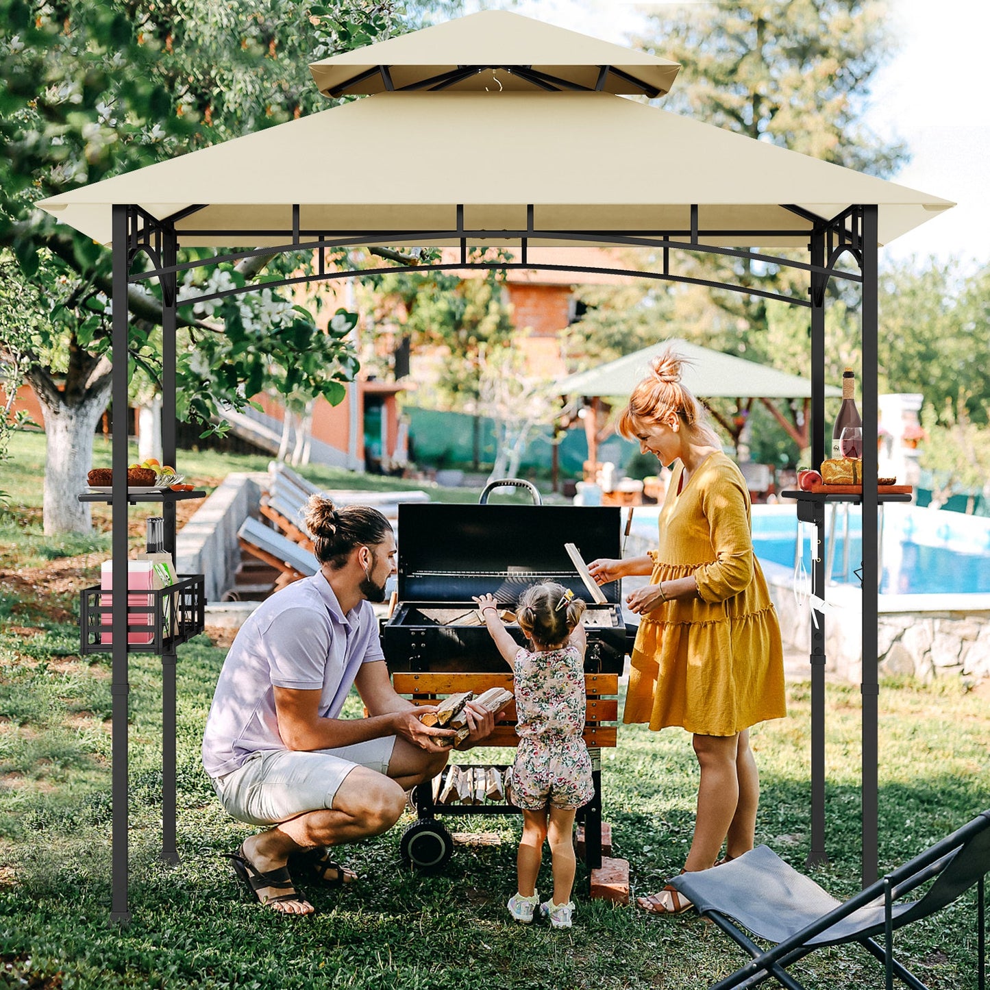 8 x 5 Feet Outdoor Grill Gazebo with 2 Side Shelves and 10 Hooks-Beige - Tampa Home & Garden Store