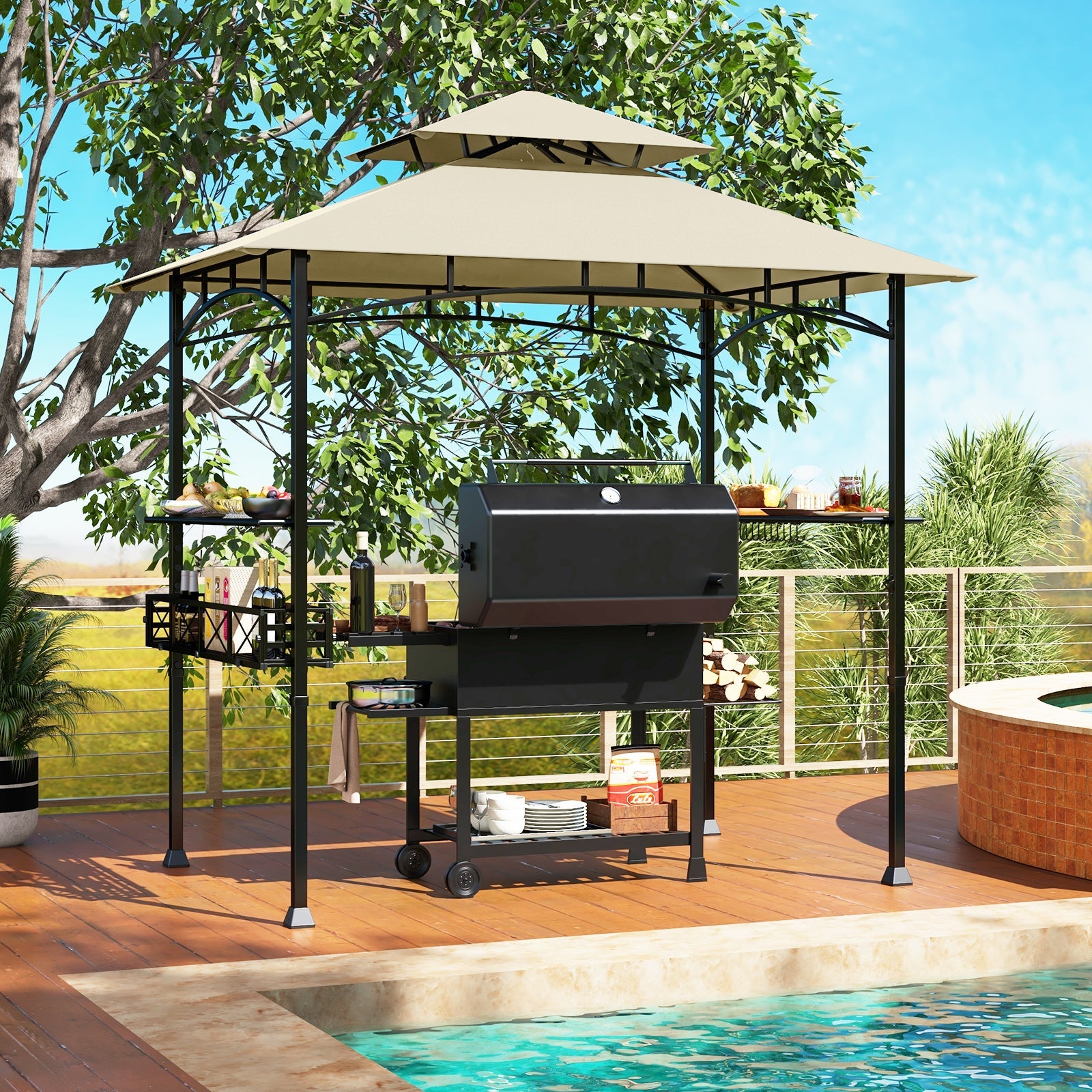 8 x 5 Feet Outdoor Grill Gazebo with 2 Side Shelves and 10 Hooks-Beige - Tampa Home & Garden Store
