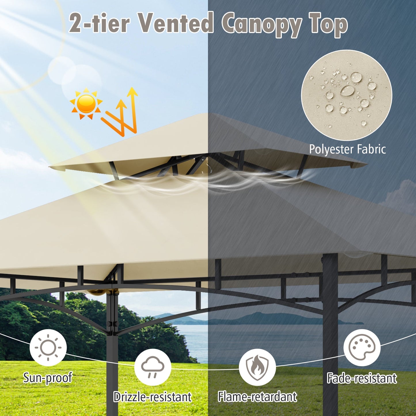 8 x 5 Feet Outdoor Grill Gazebo with 2 Side Shelves and 10 Hooks-Beige - Tampa Home & Garden Store