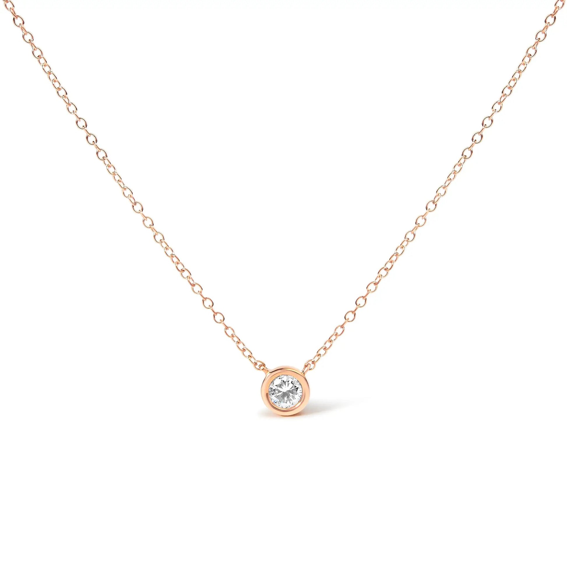 Rose gold bezel-set diamond pendant necklace featuring a 1/10ct round brilliant-cut diamond on Tampa Home & Garden Store