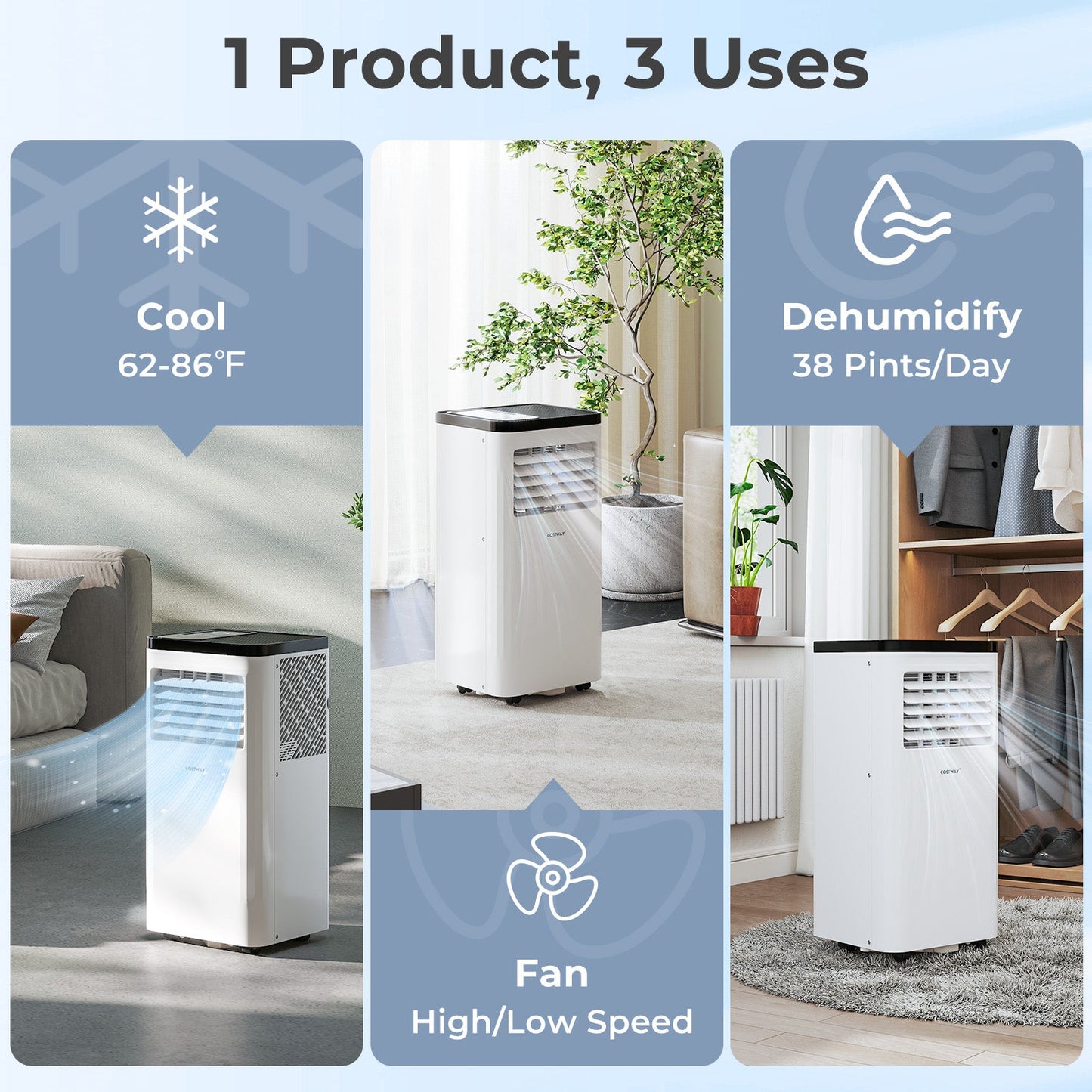 Acondicionador de aire portátil de 8000 BTU, unidad de CA 3 en 1 de piso, ventilador y deshumidificador para habitación