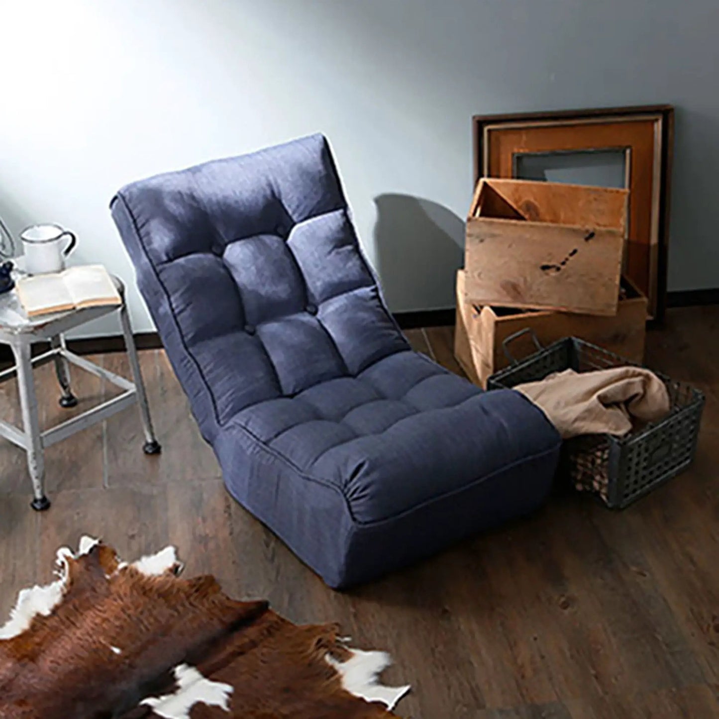Reclining Japanese chair with navy tufted fabric, adjustable lazy sofa on Tampa Home & Garden Store