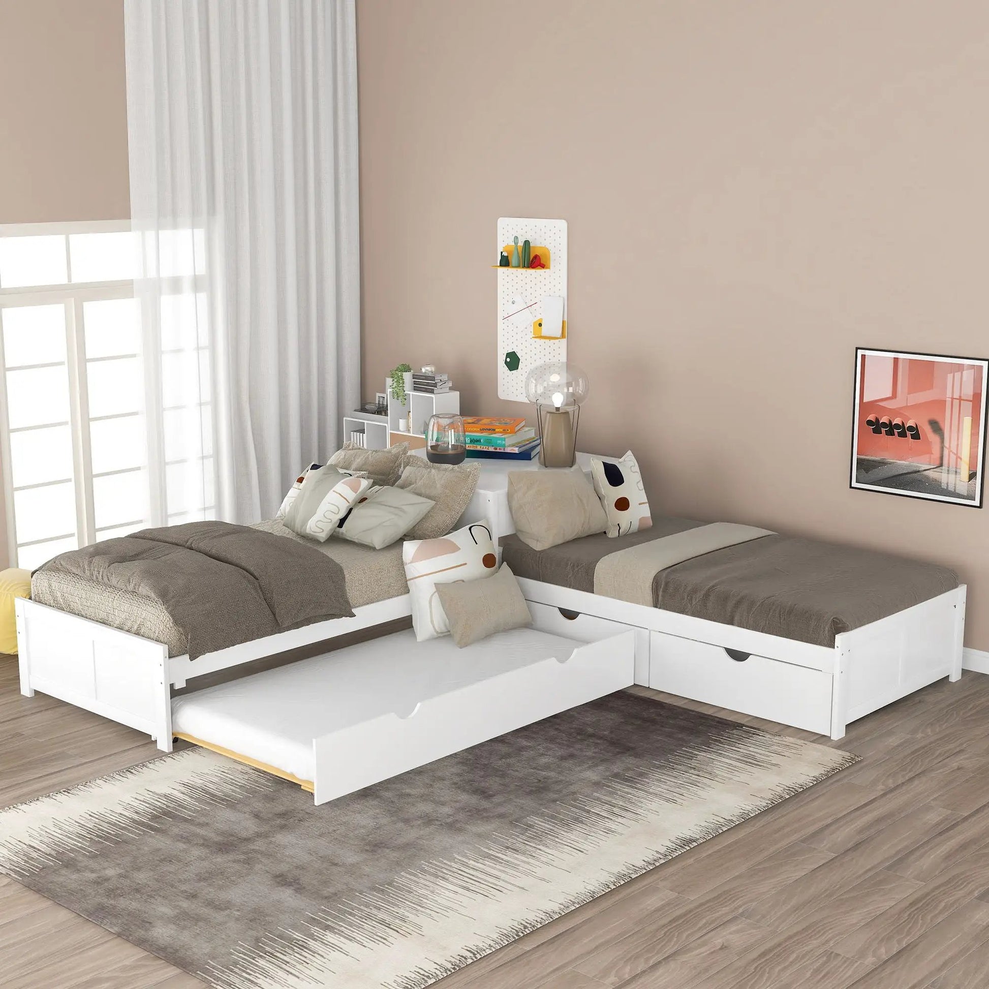 L shaped platform bed with trundle and drawers linked to built-in desk in white on Tampa Home & Garden Store