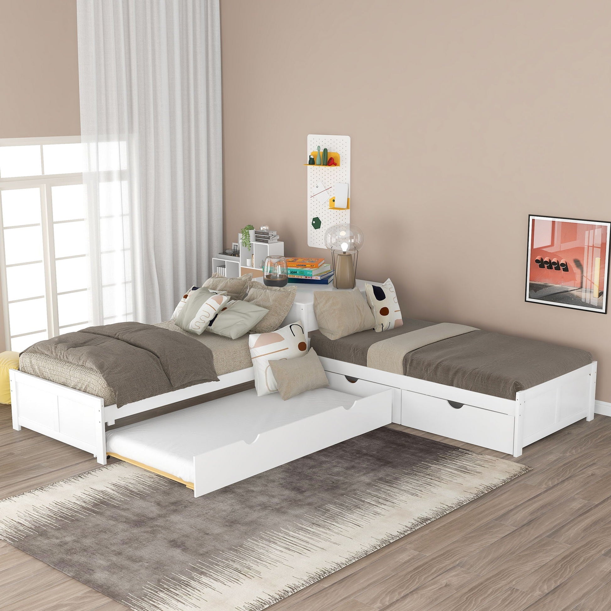 White L-shaped platform bed with trundle, drawers and built-in desk by HouseOfZazla on Tampa Home & Garden Store