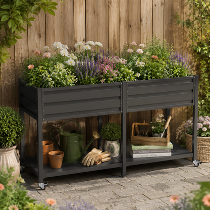 HouseOfZazla dual tier elevated metal raised garden bed with wheels and lower shelf dark gray on Tampa Home & Garden Store