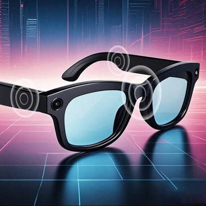 M01Pro smart glasses by FLIPSTYLEZLLC, black frame with blue mirrored lenses, Bluetooth on Tampa Home & Garden Store