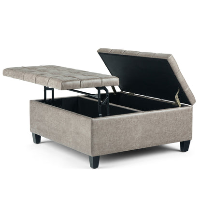 Harrison Tufted Lift Top Storage Ottoman beige upholstery with hidden storage and black legs on Tampa Home & Garden Store