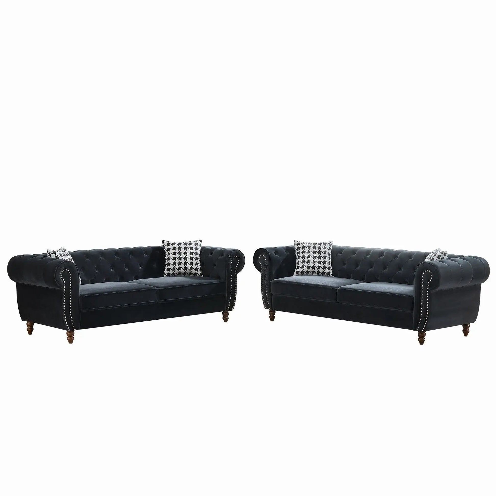Two-piece Chesterfield sofa set in black fabric with roll arms, nailhead trim, 3+3 seater on Tampa Home & Garden Store