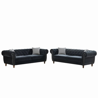 Two-piece Chesterfield sofa set in black fabric with roll arms, nailhead trim, 3+3 seater on Tampa Home & Garden Store