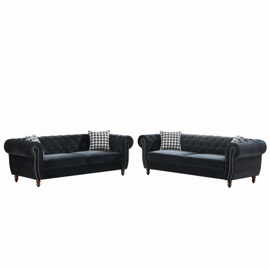 Chesterfield 2-piece sofa set in black fabric with roll arms nailhead trim 2 3-seat sofas on Tampa Home & Garden Store