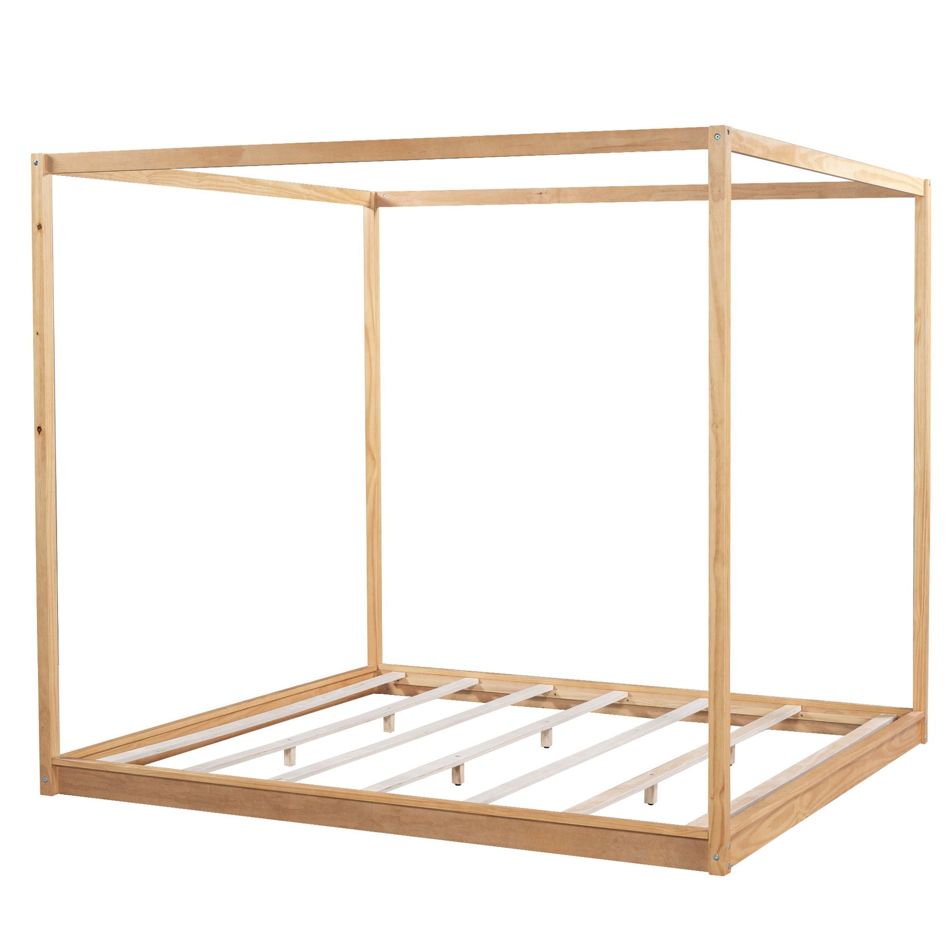 Wood canopy platform bed frame with support legs and airflow slats in natural finish on Tampa Home & Garden Store
