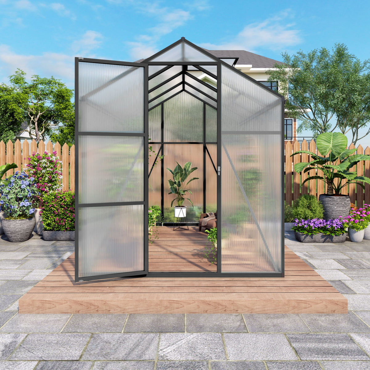Windproof greenhouse with raised base, polycarbonate panels, black frame by HouseOfZazla on Tampa Home & Garden Store