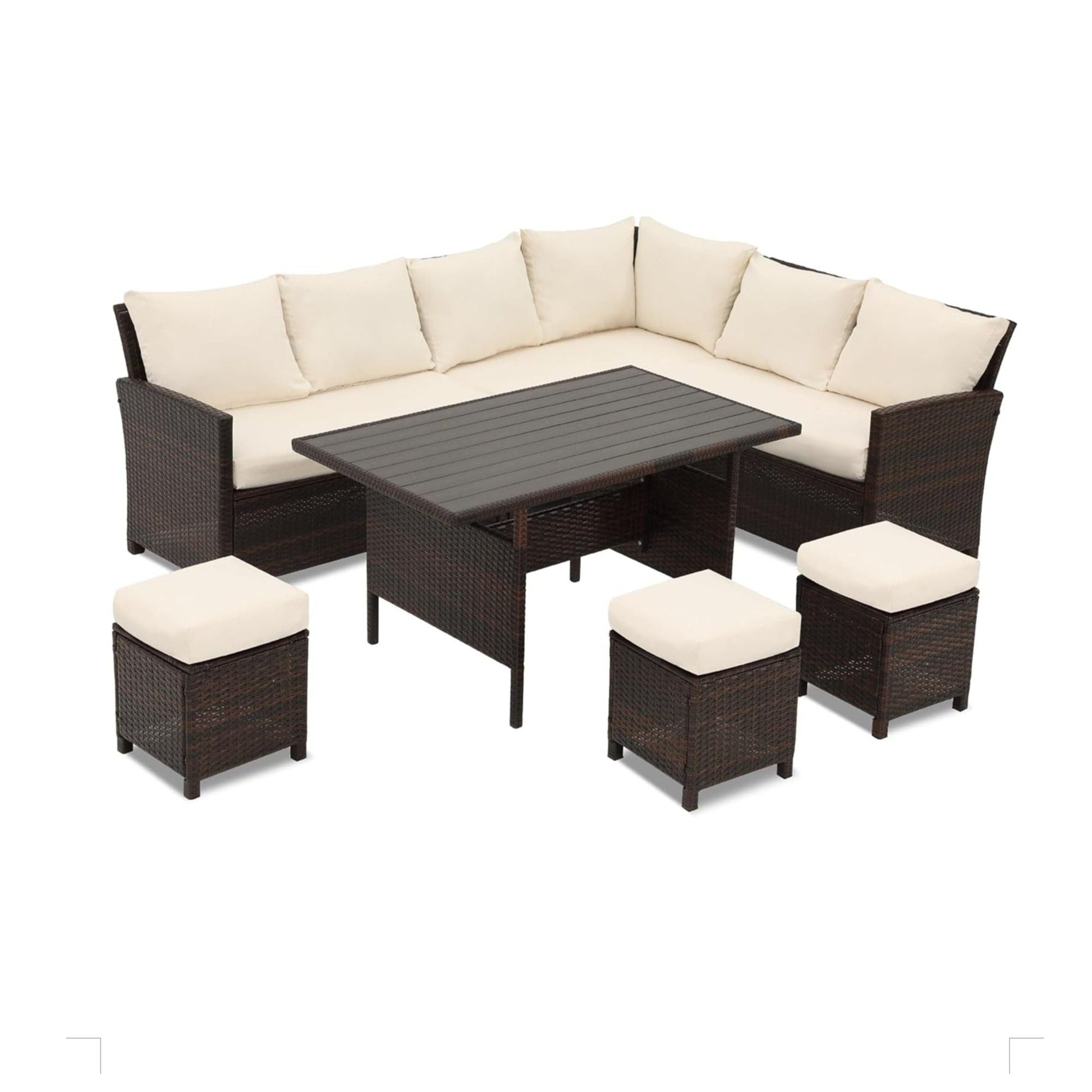 7 Piece Patio Dining Set with Cushions in dark brown wicker curved modular sectional and storage table on Tampa Home & Garden Store
