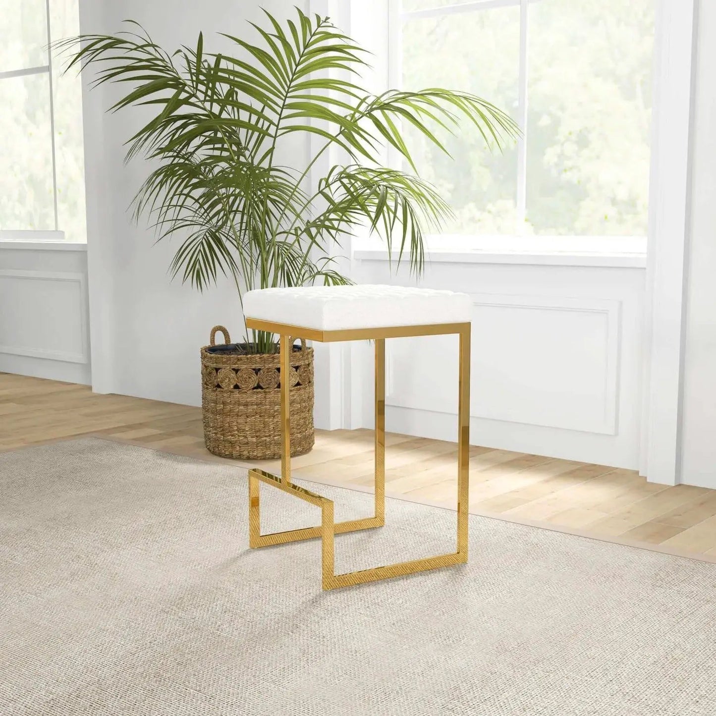 Joel counter height stool white tufted upholstery gold metal frame on Tampa Home & Garden Store