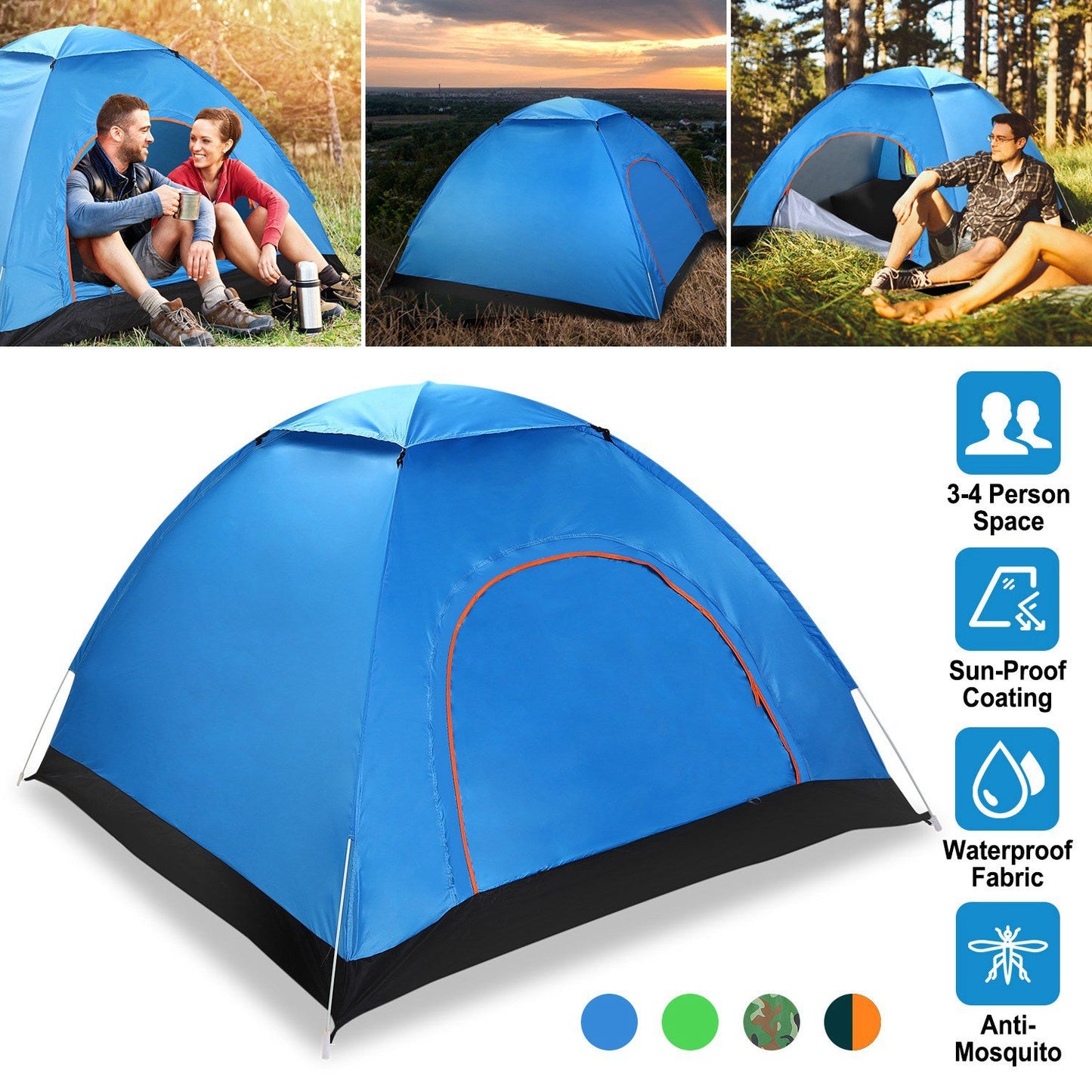 GemGear blue 4-person pop-up camping tent with two mosquito net doors and instant setup on Tampa Home & Garden Store
