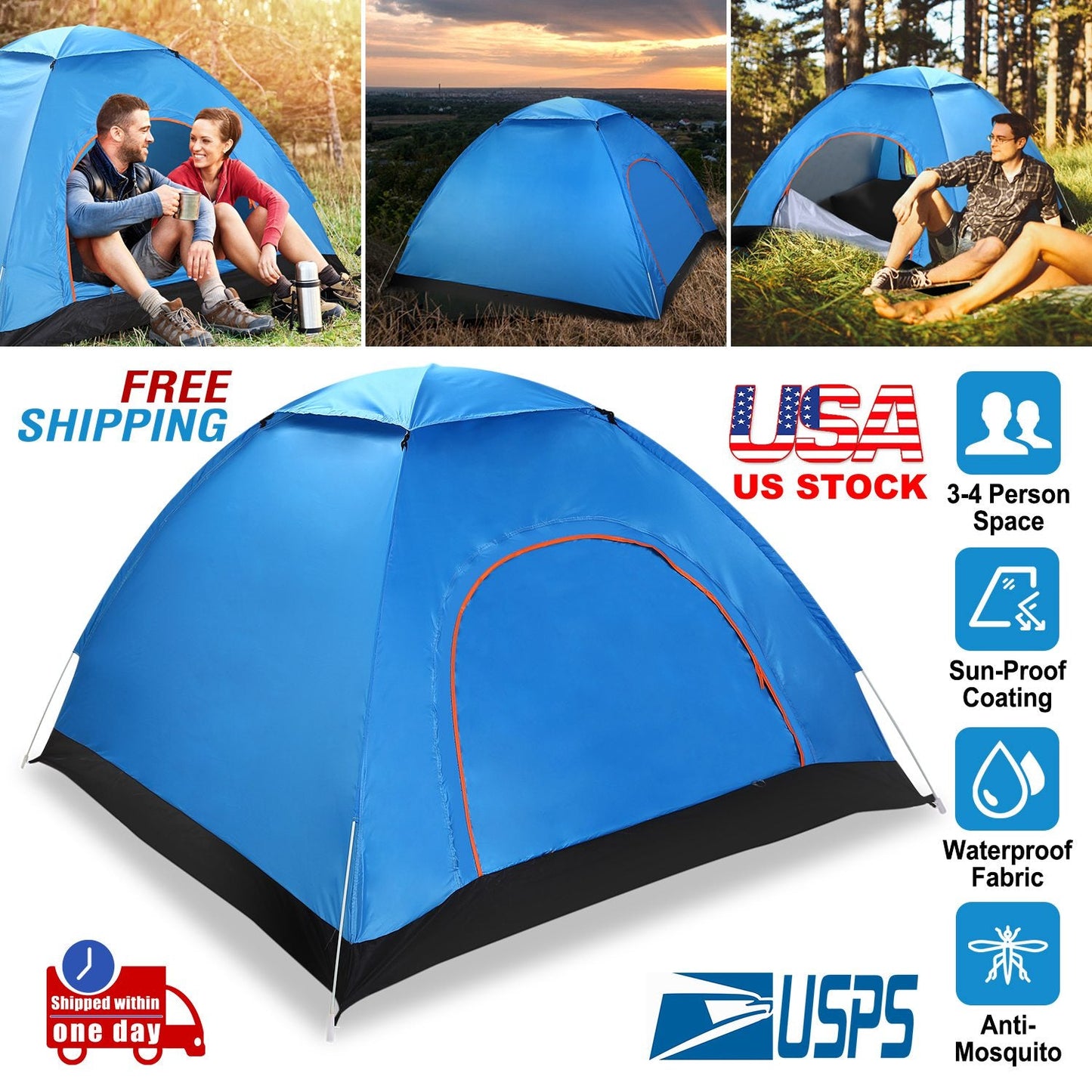 GemGear blue 4-person pop-up camping tent with instant setup and two mosquito-net doors on Tampa Home & Garden Store