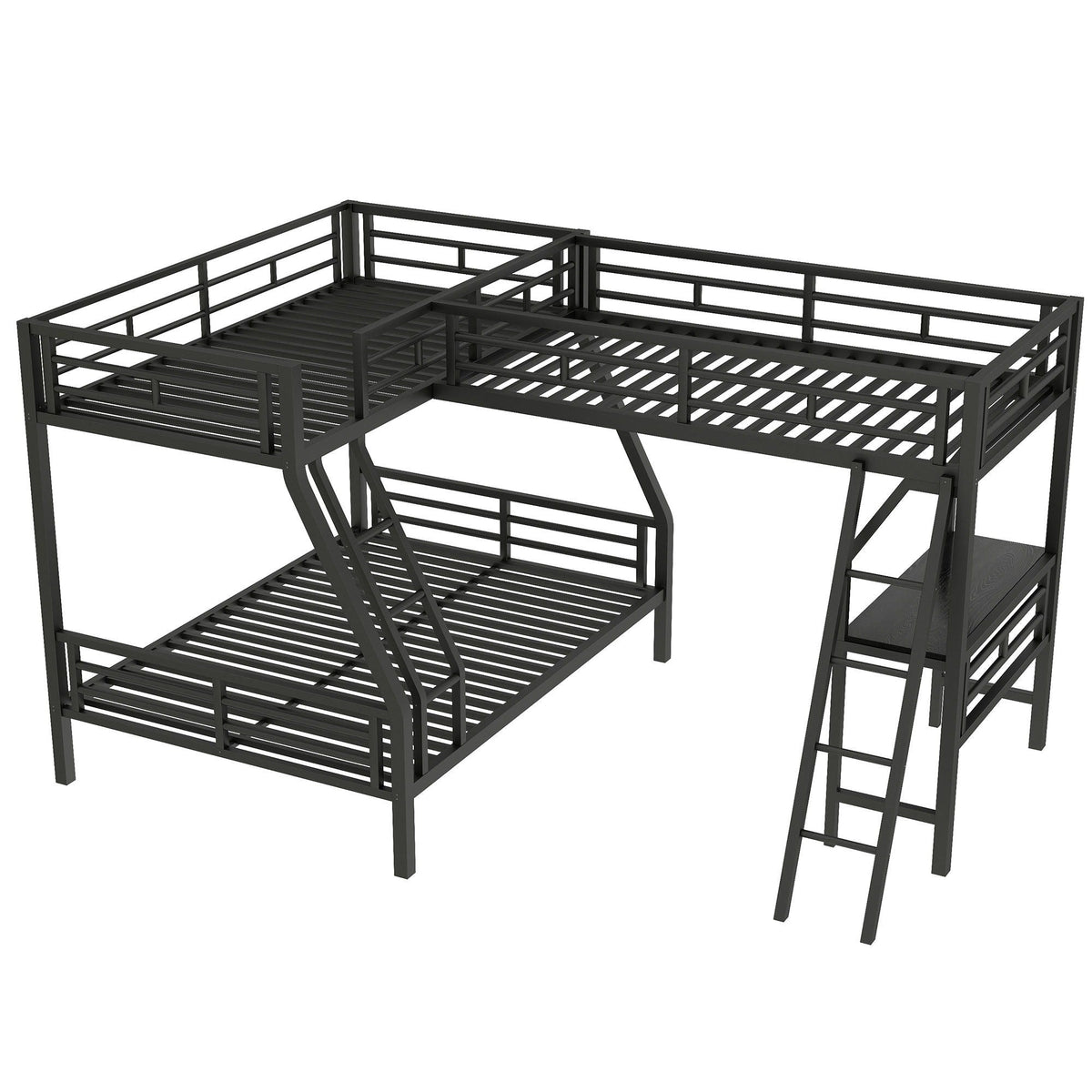 Twin over full bunk bed with loft and desk in black metal frame, L-shaped design for 3 sleepers on Tampa Home & Garden Store