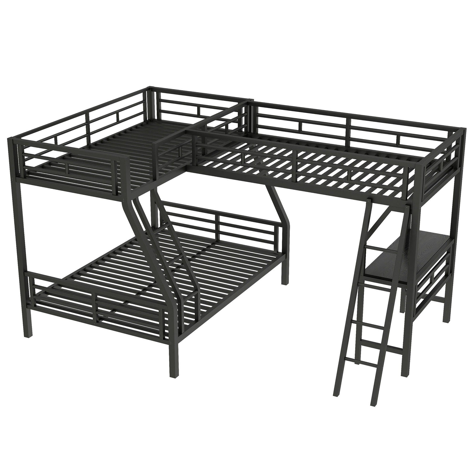 Twin over full bunk bed with loft and desk in black metal frame, L-shaped design for 3 sleepers on Tampa Home & Garden Store