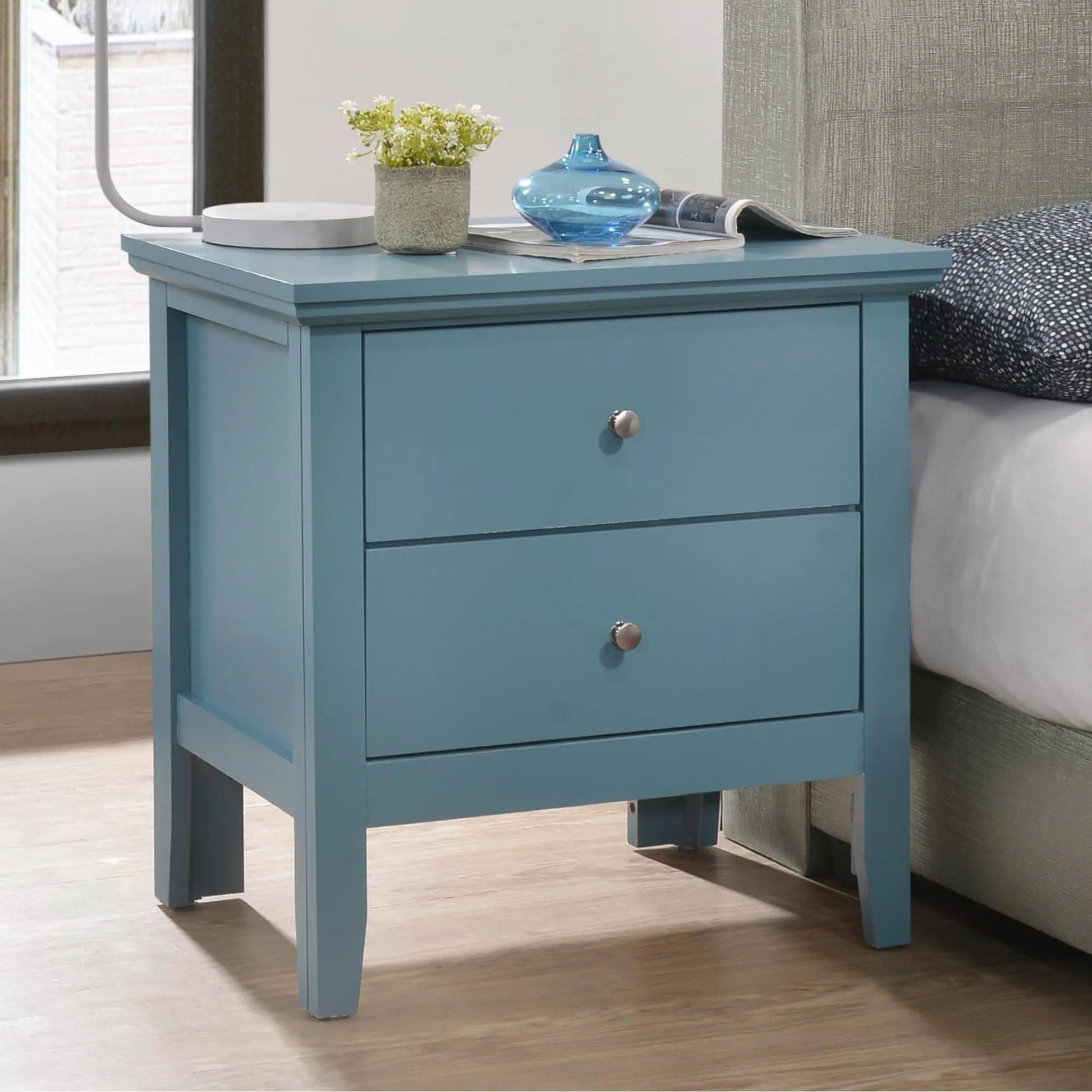 English Dovetailed Drawers Nightstand blue finish with two drawers and metal knobs on Tampa Home & Garden Store