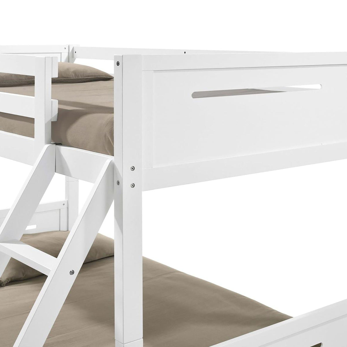 White wooden bunk bed with built-in ladder, safety guardrails and angled access step on Tampa Home & Garden Store