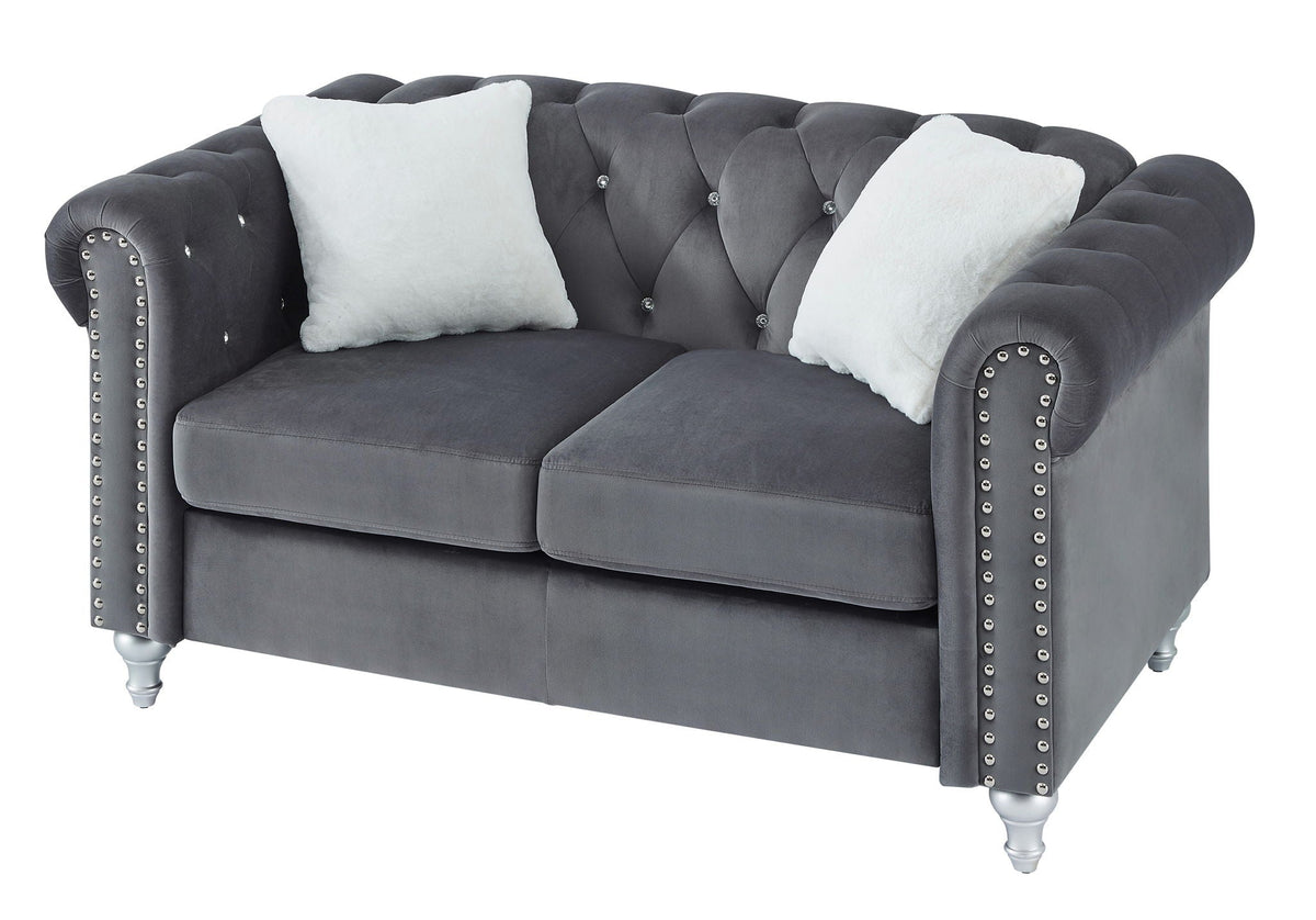 Contemporary loveseat with jeweled tufting in gray velvet by HouseOfZazla, stationary on Tampa Home & Garden Store