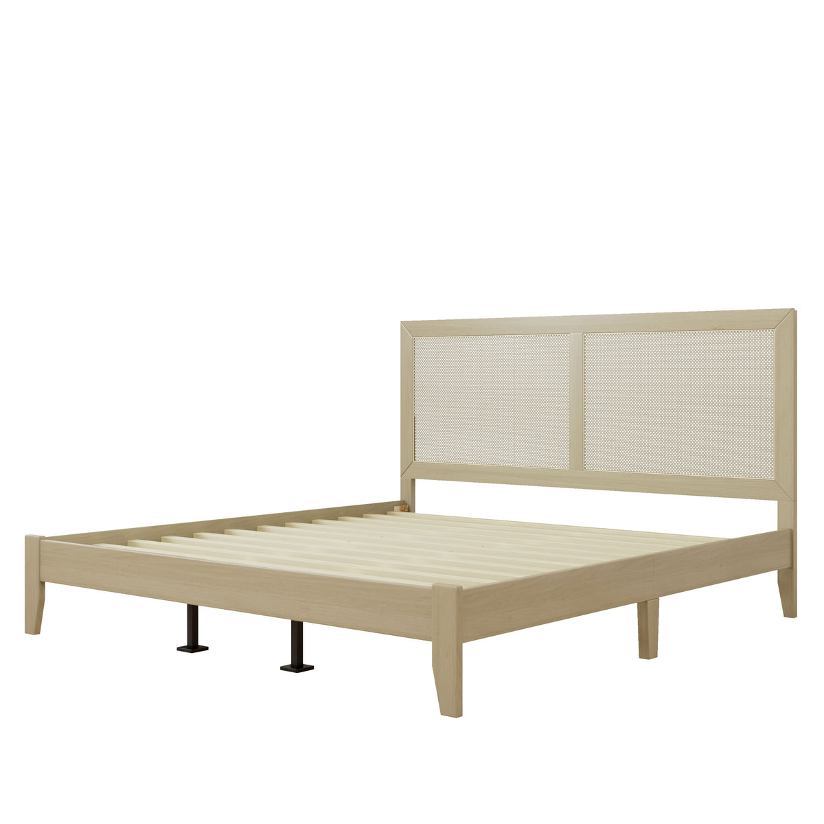 Solid wood platform king bed frame with slatted base in light finish; rattan-panel cabinet on Tampa Home & Garden Store