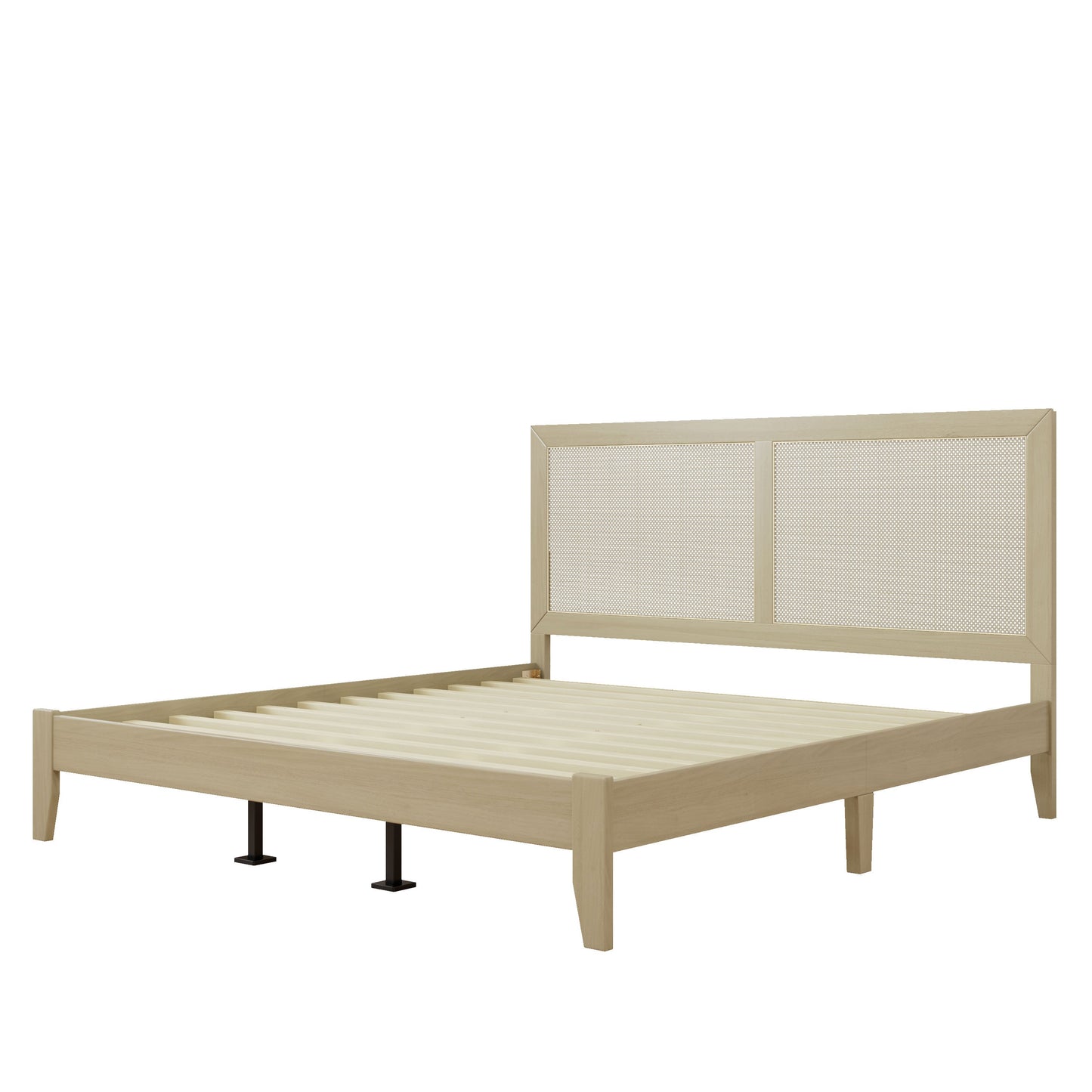 Solid wood California King bed with woven rattan headboard; light finish platform frame on Tampa Home & Garden Store
