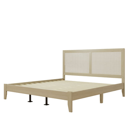 Solid wood California King bed with woven rattan headboard; light finish platform frame on Tampa Home & Garden Store