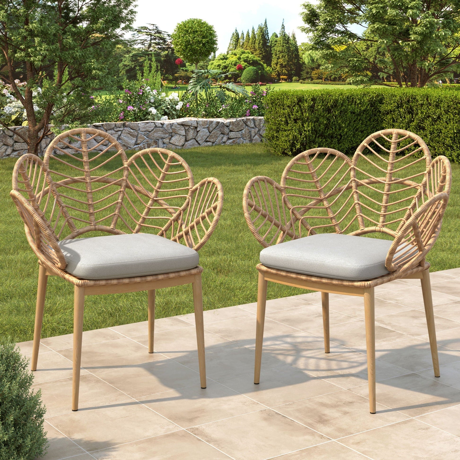 Kirk Outdoor Wicker Peacock Papasan Chairs set of 2, natural rattan frames with gray cushions on Tampa Home & Garden Store