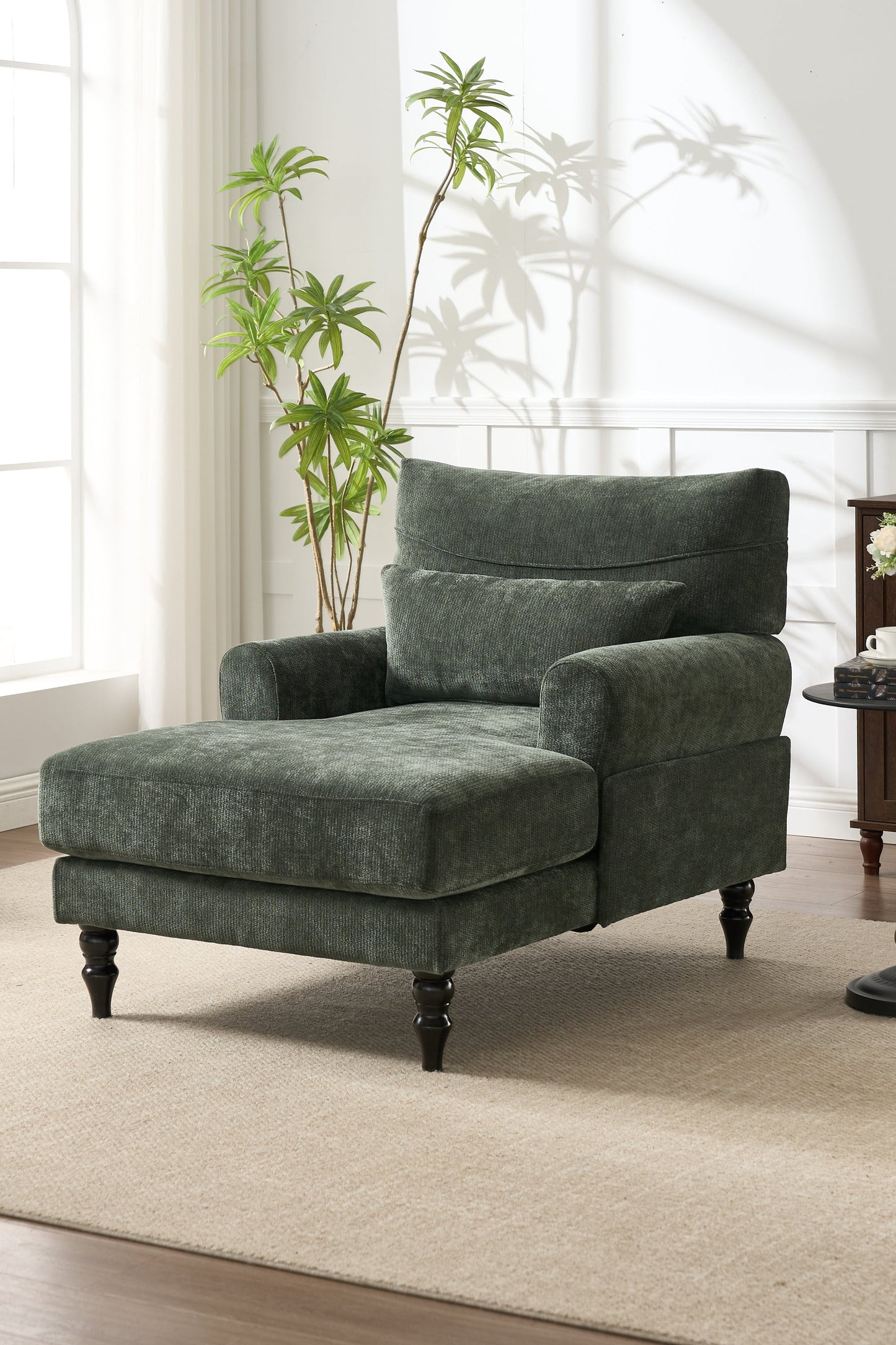 Green upholstered chaise lounge by HouseOfZazla with matching cushion and dark turned legs on Tampa Home & Garden Store