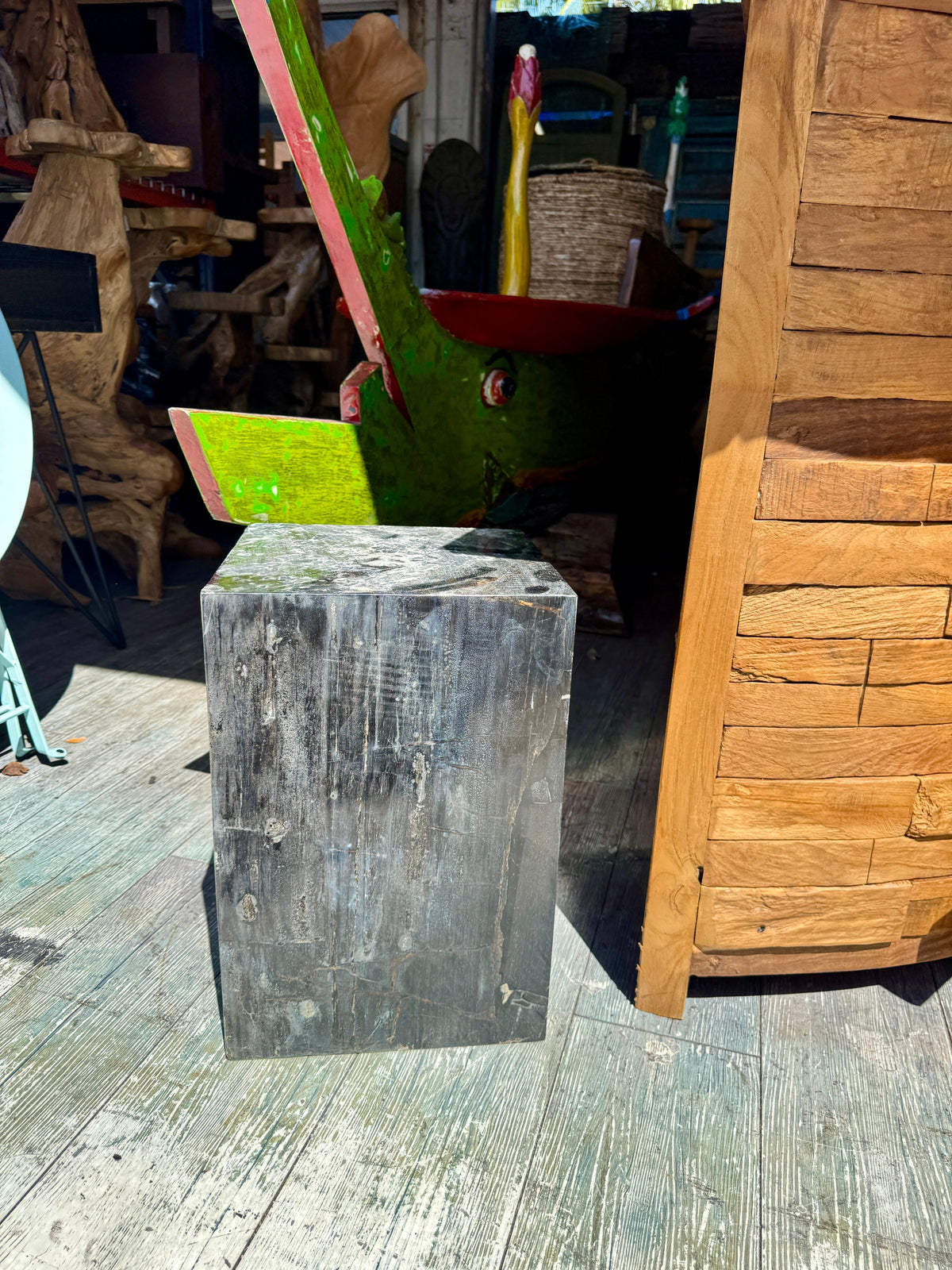 Organic Stone Stool, black weathered block, rustic outdoor furniture on Tampa Home & Garden Store