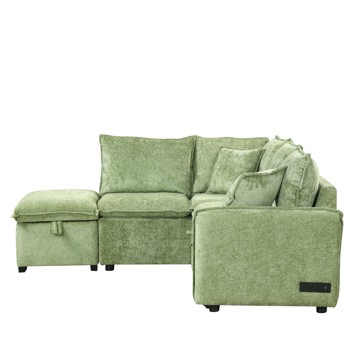 Green velvet sleeper sectional with storage ottoman and built-in outlets on Tampa Home & Garden Store