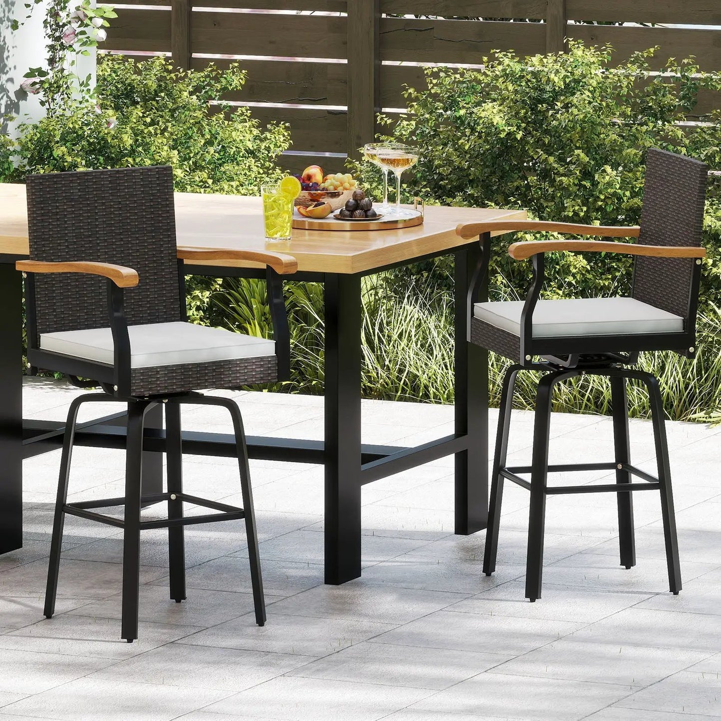 Set of 2 outdoor 360° swivel bar stools with cushions and acacia wood armrests, dark wicker frames on Tampa Home & Garden Store
