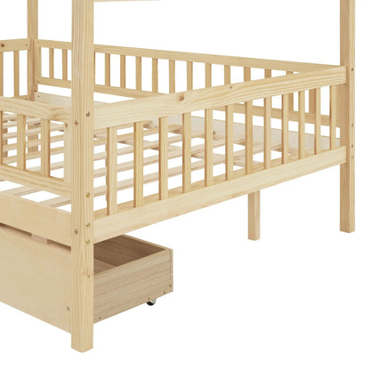 House bed with 2 drawers in natural pine wood storage bed with slatted sides on Tampa Home & Garden Store
